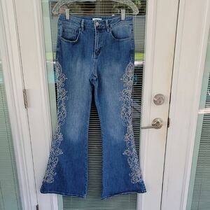 Forever 21 Premium Embroidered High Rise Flare Jeans Sz 28 Has Stretch